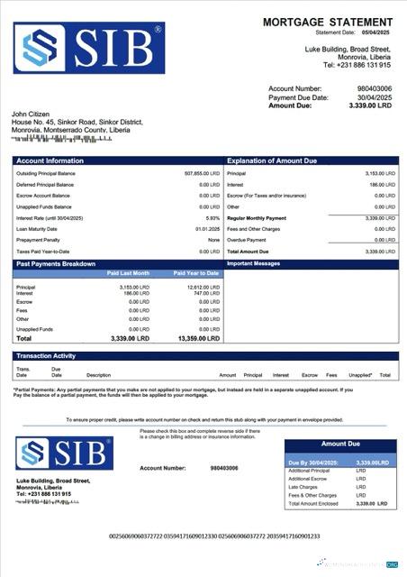 Liberia Sapelle International Bank Liberia Limited mortgage statement Word and PDF template